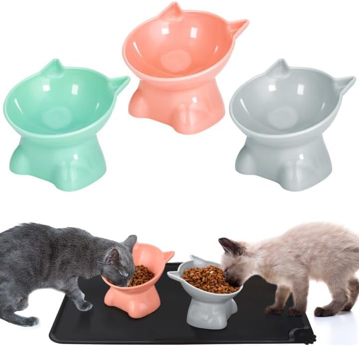 Hoemwarm 3 Pcs Elevated Cat Bowls 15° Raised Cat Food Bowl with Silicone Pet Food Mat Anti Vomiting Cats Dishes Pet Food and Water Bowls for Indoor Cats and Small Dogs(3 Colors) - Image 2